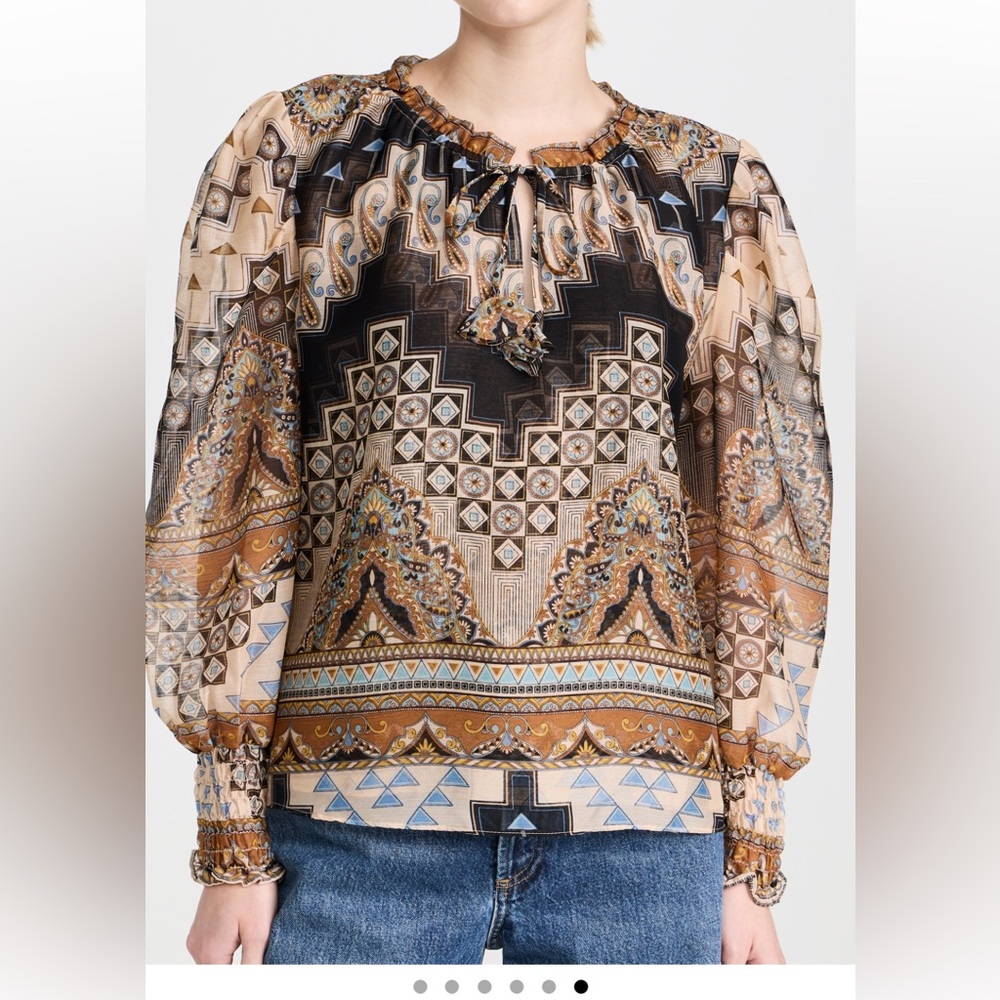 Misa Siena Top Patterned Long Puff Sleeve Chiffon Tie Neck
